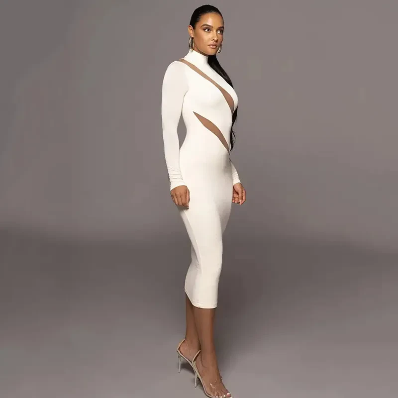 Vestido de mujer con cuello redondo, manga larga y costuras