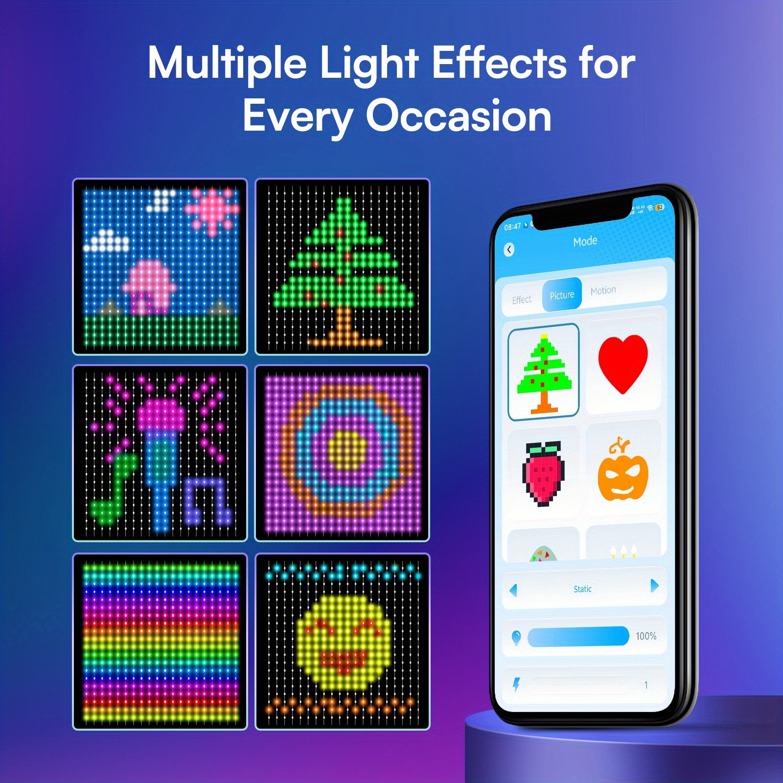 Cortina de luces LED dinámicas RGB-IC para ventana inteligente de 2 x 2 m, ideal para uso en interiores y exteriores, ideal para Halloween, Navidad y San Valentín.
