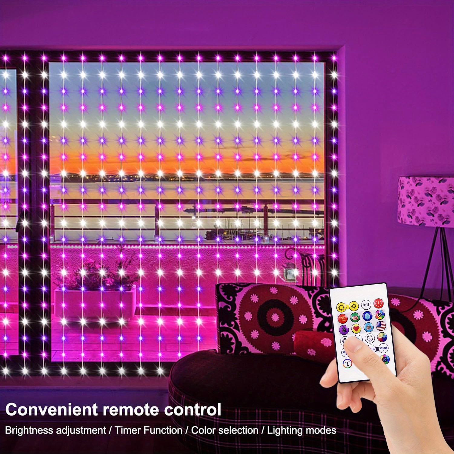 Cortina de luces LED dinámicas RGB-IC para ventana inteligente de 2 x 2 m, ideal para uso en interiores y exteriores, ideal para Halloween, Navidad y San Valentín.