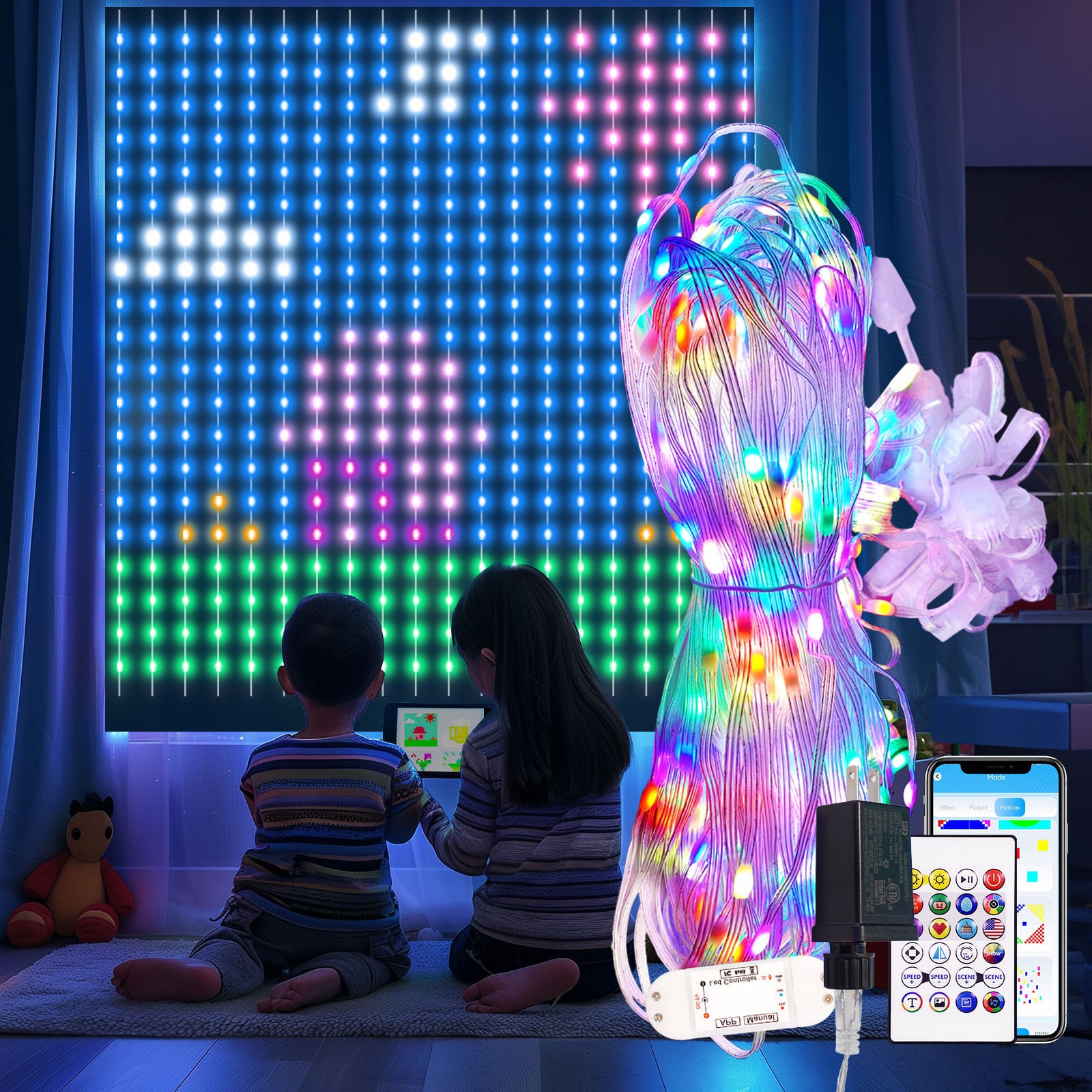 Cortina de luces LED dinámicas RGB-IC para ventana inteligente de 2 x 2 m, ideal para uso en interiores y exteriores, ideal para Halloween, Navidad y San Valentín.