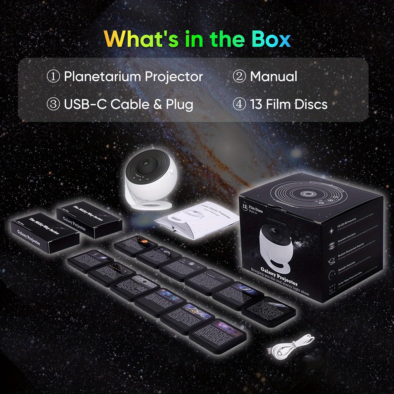 Proyector de estrellas con 13 películas, luz LED nocturna creativa con cielo estrellado, proyector dinámico de galaxias de sobremesa para interiores, control táctil, alimentación por USB, no impermeable, para decoración del hogar.