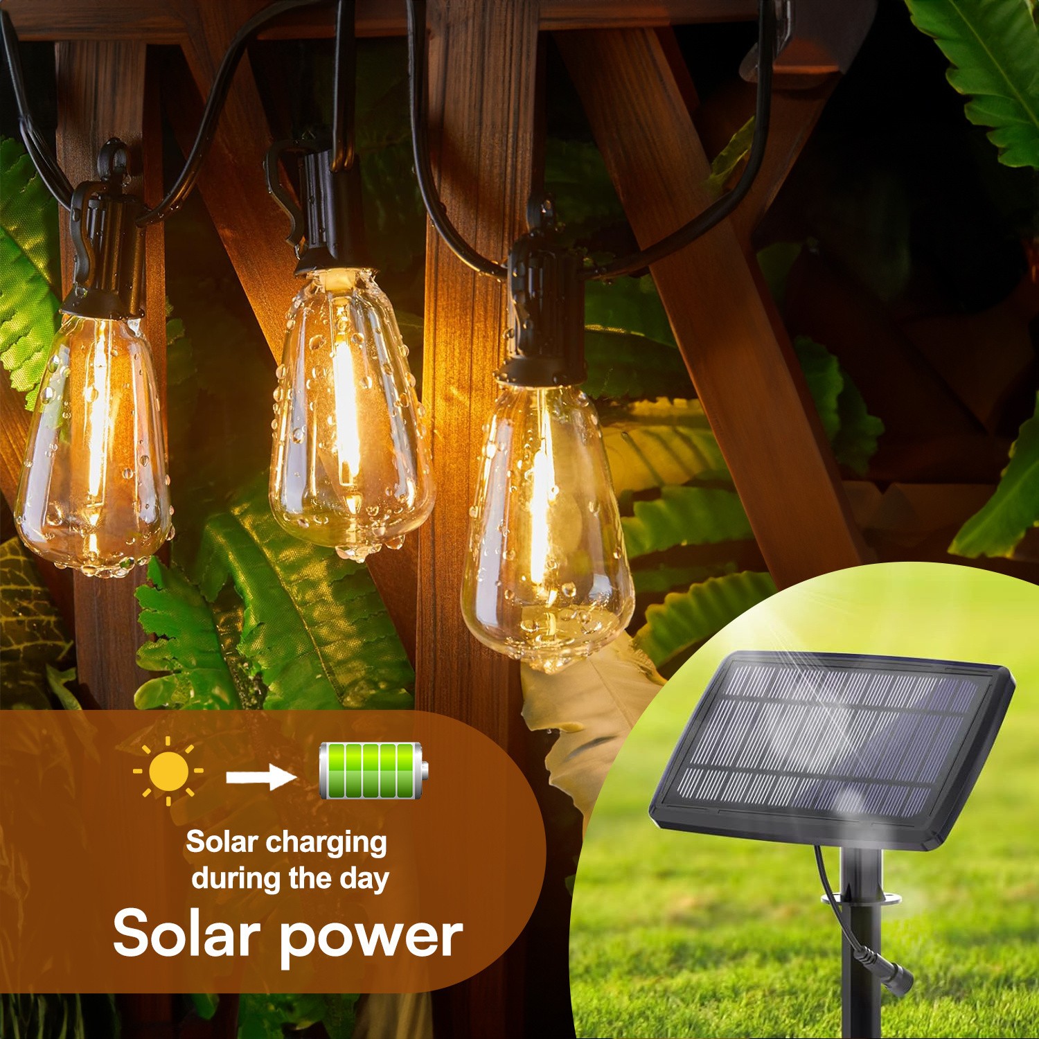Guirnalda de luces LED para jardín de 15 m con bombillas solares retro ST38 irrompibles, resistentes al agua, para porche, patio, cafetería, balcón y bistró.