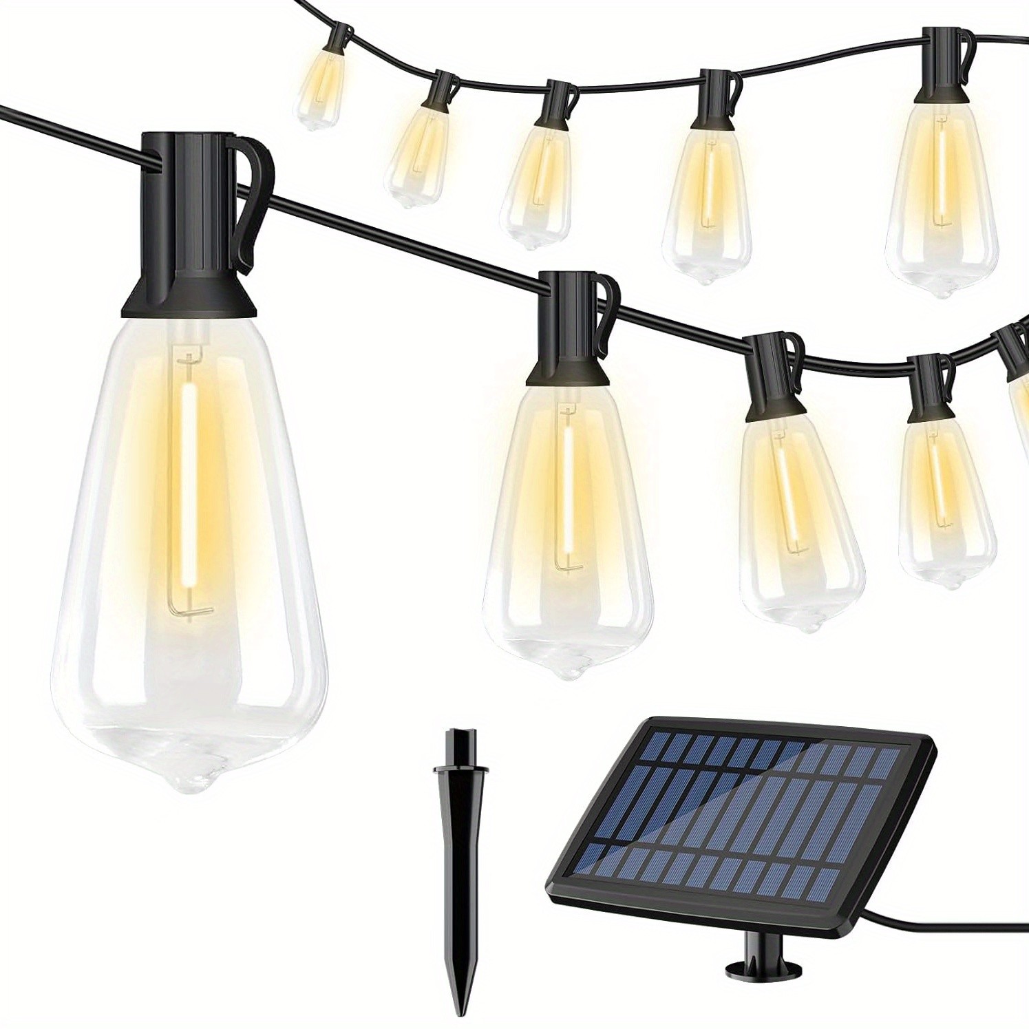 Guirnalda de luces LED para jardín de 15 m con bombillas solares retro ST38 irrompibles, resistentes al agua, para porche, patio, cafetería, balcón y bistró.