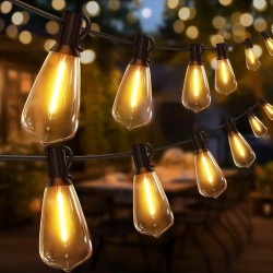 Guirnalda de luces LED para jardín de 15 m con bombillas solares retro ST38 irrompibles, resistentes al agua, para porche, patio, cafetería, balcón y bistró.