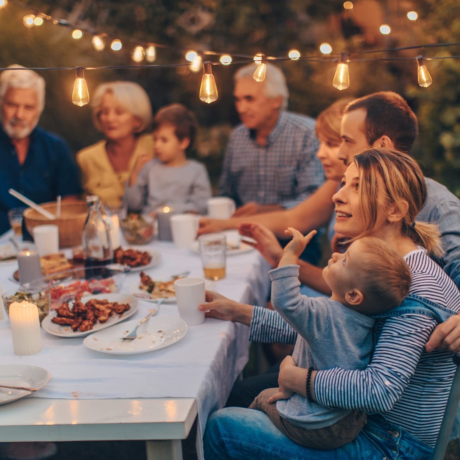 Guirnalda de luces LED para jardín de 15 m con bombillas solares retro ST38 irrompibles, resistentes al agua, para porche, patio, cafetería, balcón y bistró.