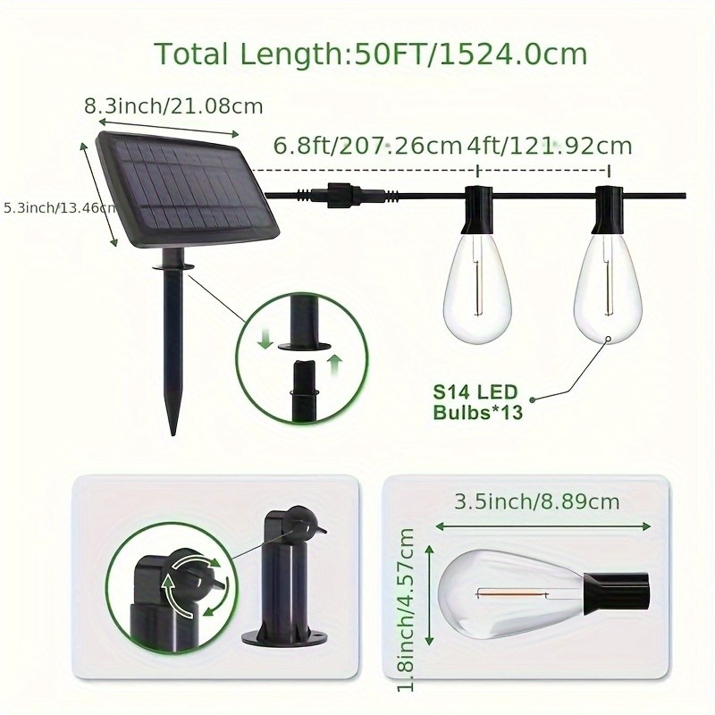 Guirnalda de luces LED para jardín de 15 m con bombillas solares retro ST38 irrompibles, resistentes al agua, para porche, patio, cafetería, balcón y bistró.