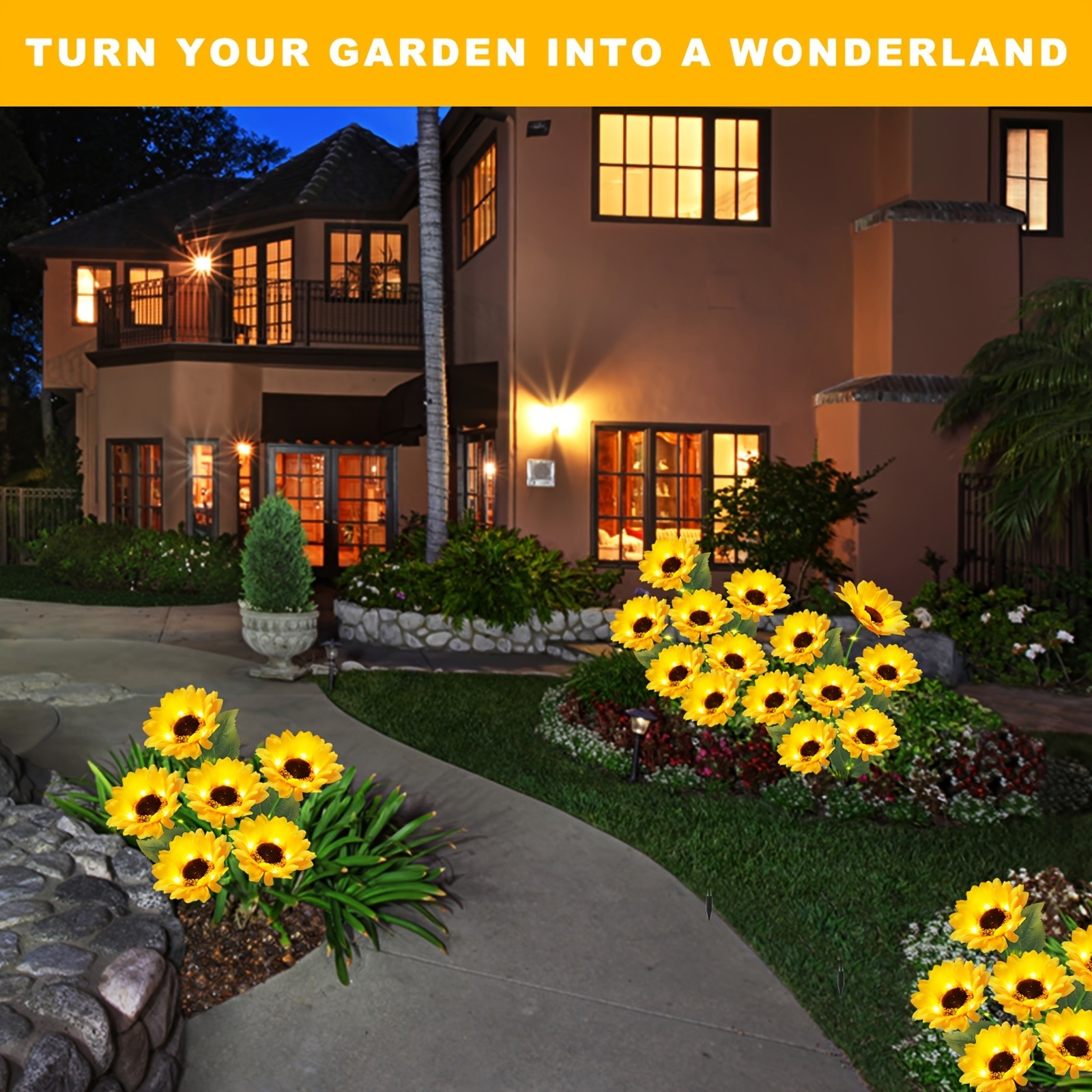 Estacas de girasol con energía solar para jardín. Paquete de 2 (6 unidades). Luces LED de girasol para decoración exterior.