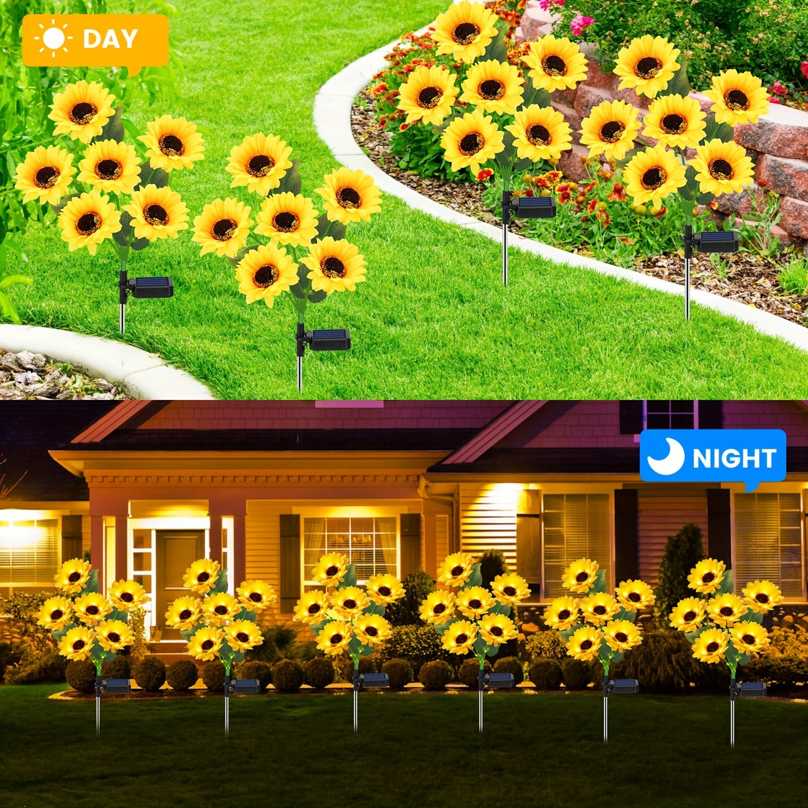 Estacas de girasol con energía solar para jardín. Paquete de 2 (6 unidades). Luces LED de girasol para decoración exterior.