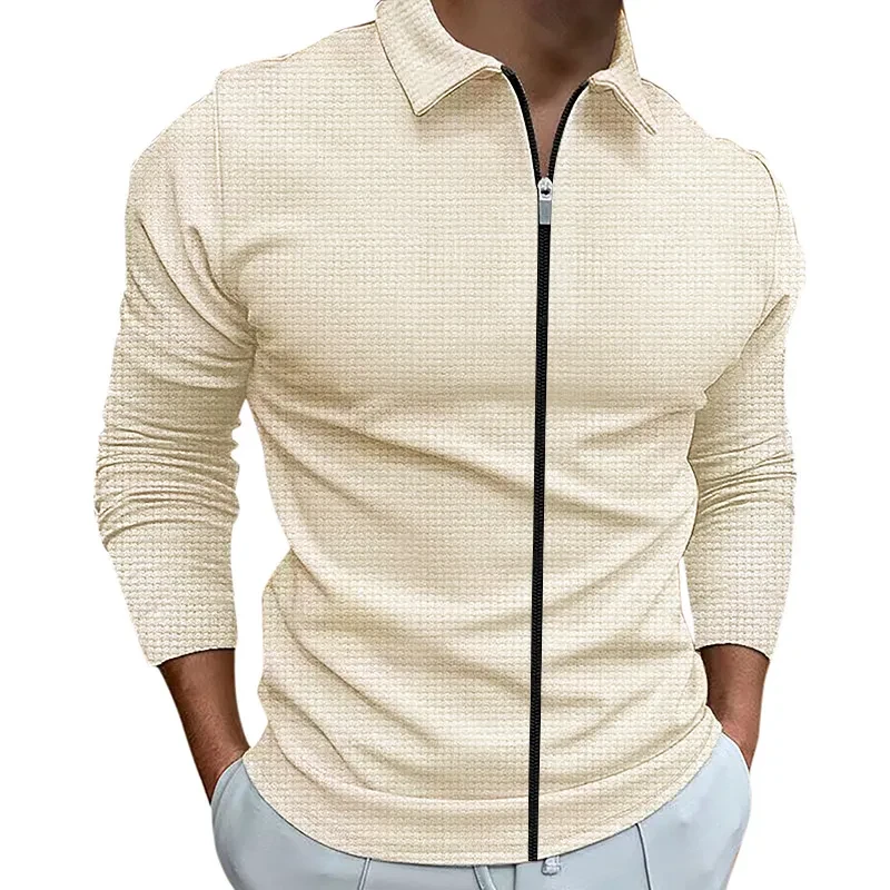 Ropa para hombre Chaqueta con solapa y cremallera estilo gofre Tops deportivos para exteriores