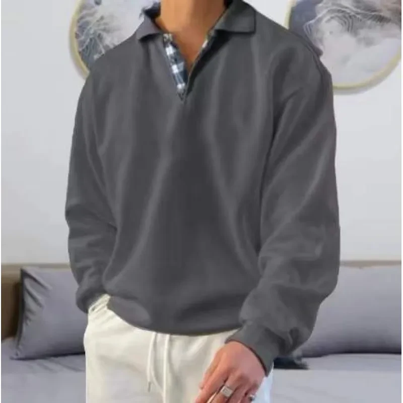 Sudadera con capucha holgada de manga larga con cuello en V y solapa para hombre