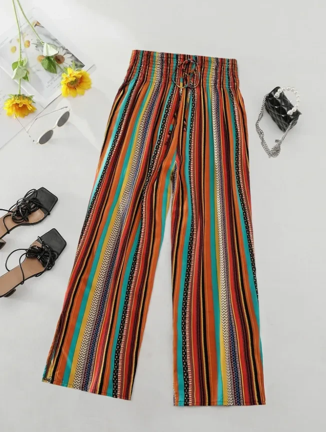 Pantalones casuales de mujer con rayas multicolor y cintura elástica atada