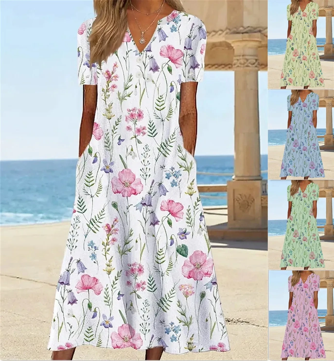 Vestido estampado de manga corta con bolsillos bohemios y cuello en V