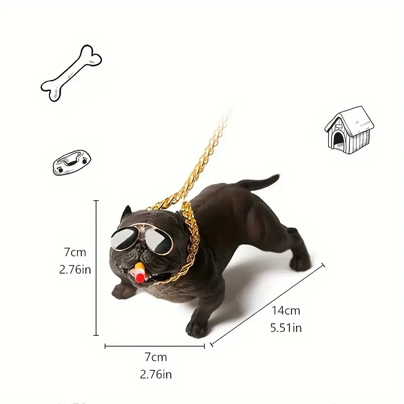 Adorno de coche de Bulldog Boss con cadena dorada y gafas: elegante figura de resina para el salpicadero.