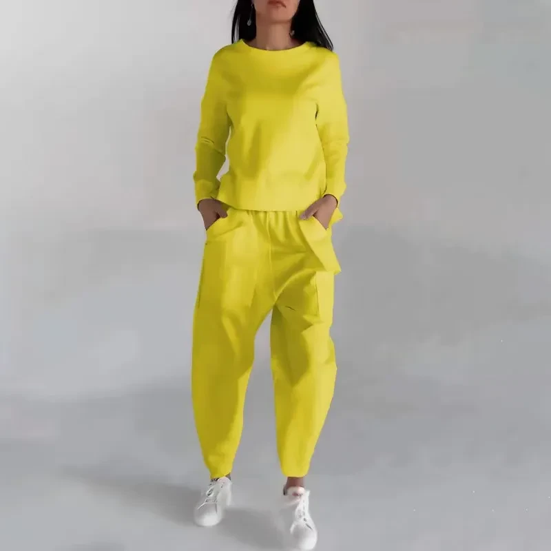 Sudadera de moda de color liso, manga larga, abertura en la espalda y bolsillos, pantalones holgados, ropa de mujer