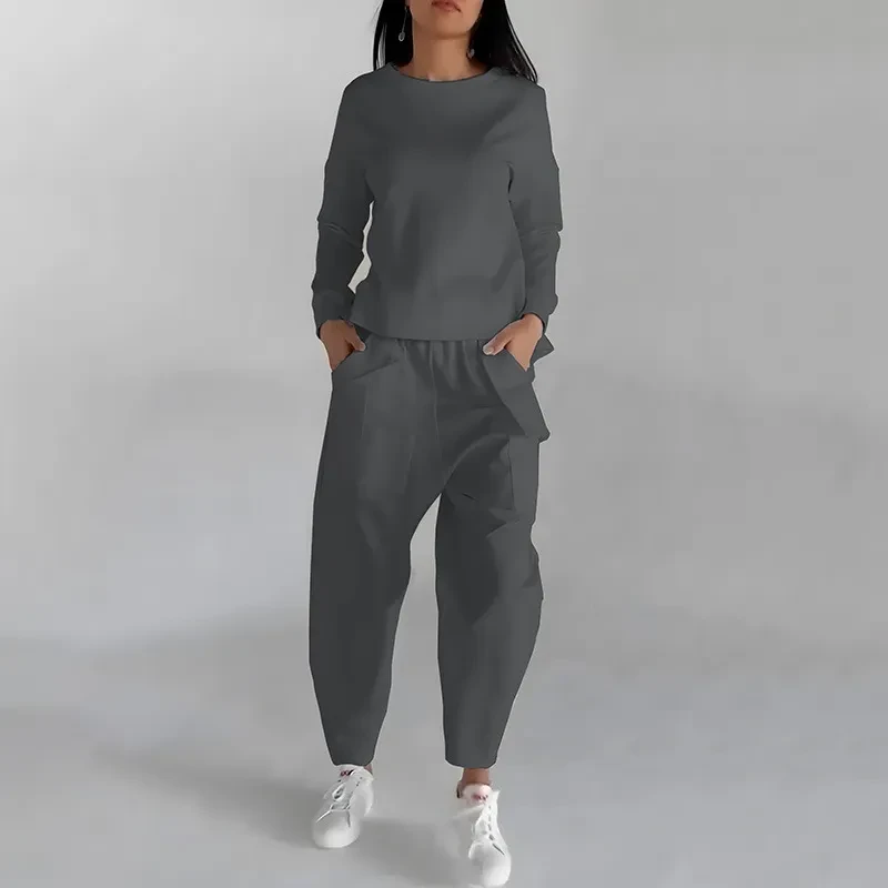 Sudadera de moda de color liso, manga larga, abertura en la espalda y bolsillos, pantalones holgados, ropa de mujer