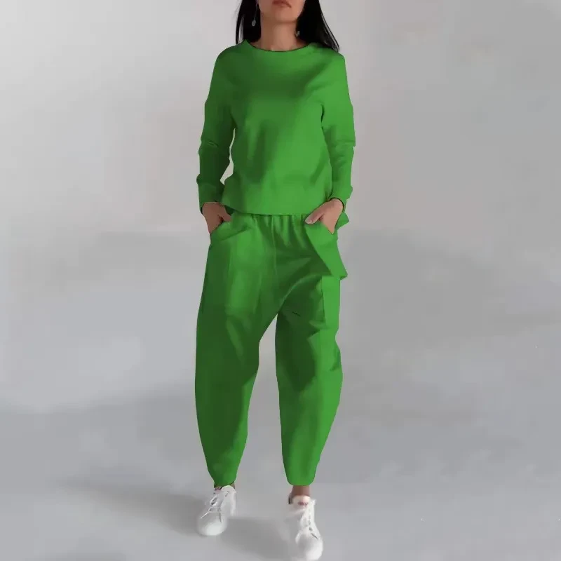 Sudadera de moda de color liso, manga larga, abertura en la espalda y bolsillos, pantalones holgados, ropa de mujer