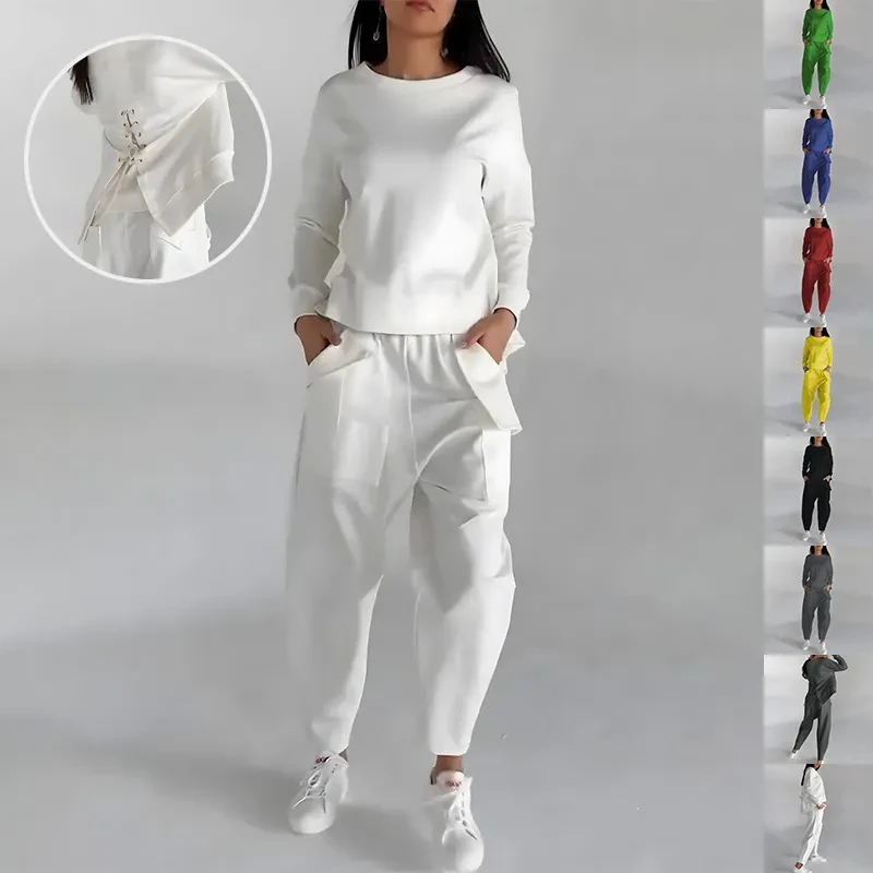 Sudadera de moda de color liso, manga larga, abertura en la espalda y bolsillos, pantalones holgados, ropa de mujer