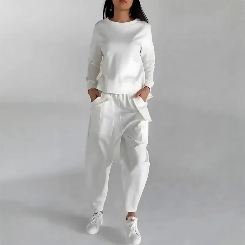 Sudadera de moda de color liso, manga larga, abertura en la espalda y bolsillos, pantalones holgados, ropa de mujer