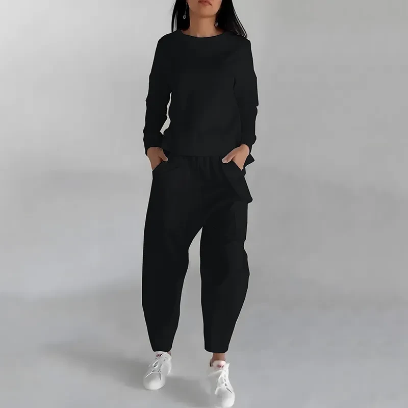 Sudadera de moda de color liso, manga larga, abertura en la espalda y bolsillos, pantalones holgados, ropa de mujer