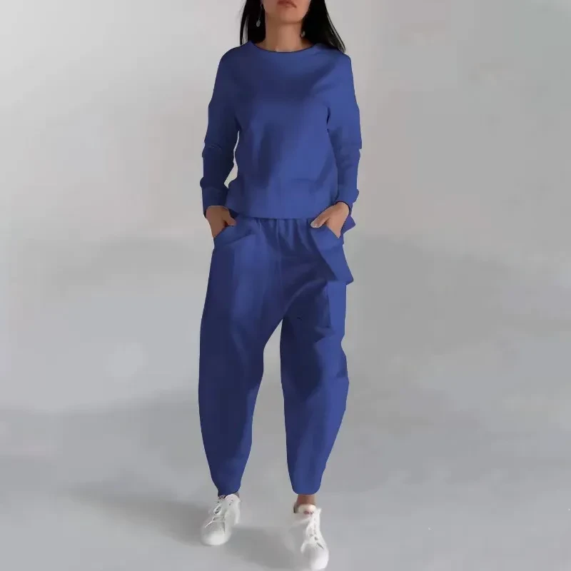 Sudadera de moda de color liso, manga larga, abertura en la espalda y bolsillos, pantalones holgados, ropa de mujer