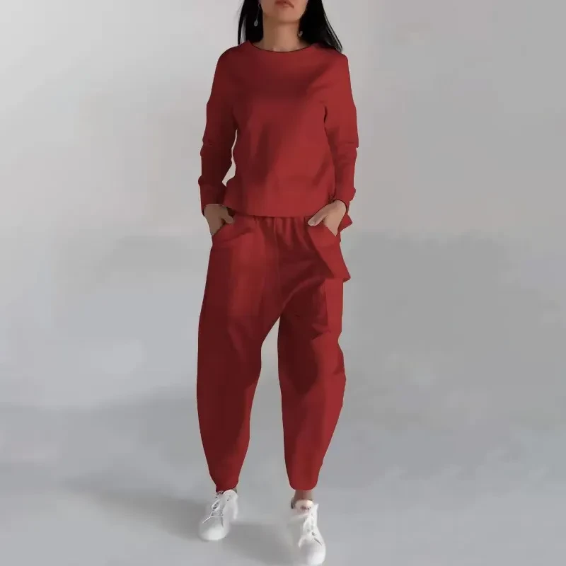 Sudadera de moda de color liso, manga larga, abertura en la espalda y bolsillos, pantalones holgados, ropa de mujer