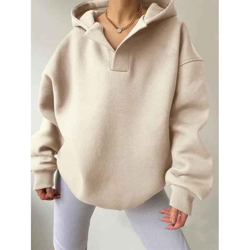 Sudadera con capucha de color liso para mujer, suéter holgado de manga larga con capucha de color liso