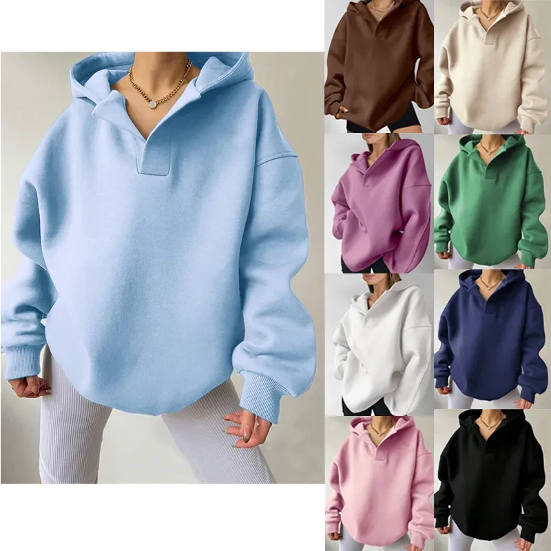 Sudadera con capucha de color liso para mujer, suéter holgado de manga larga con capucha de color liso