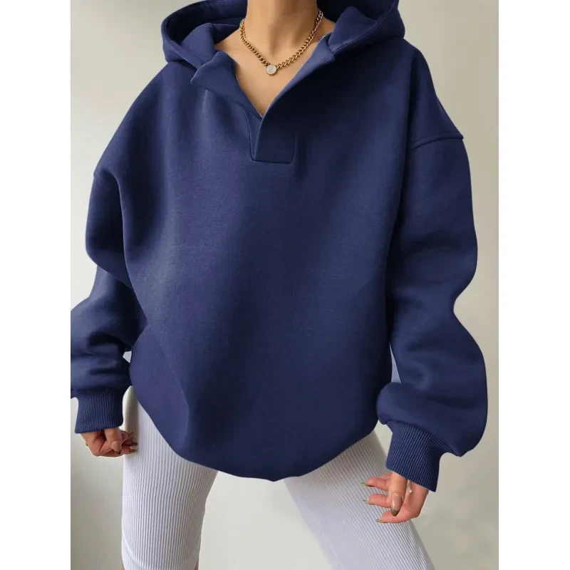 Sudadera con capucha de color liso para mujer, suéter holgado de manga larga con capucha de color liso