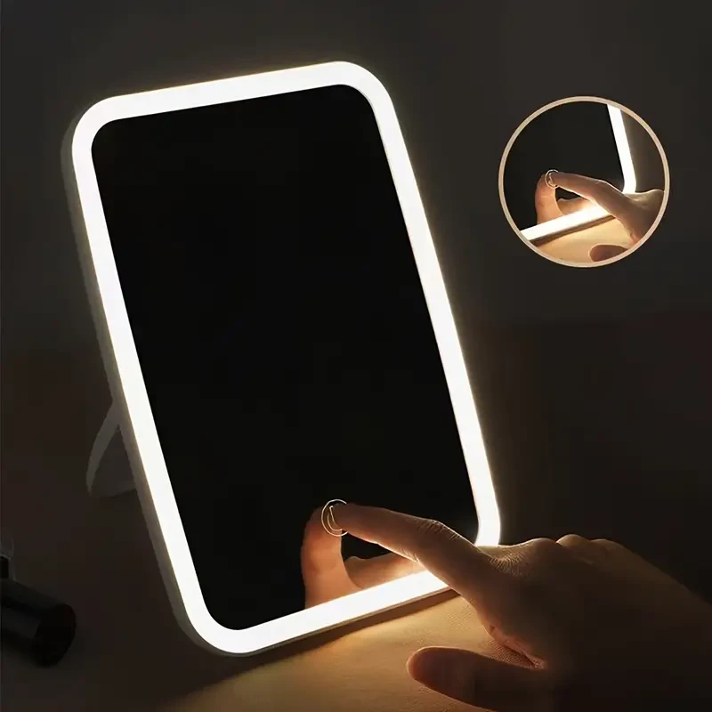 Espejo de maquillaje LED con sensor táctil: 3 modos de color, portátil y recargable.