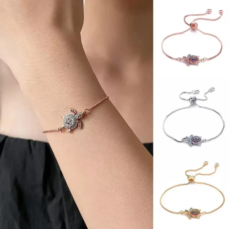 Pulsera de tortugas ajustable con brillantes diamantes de imitación