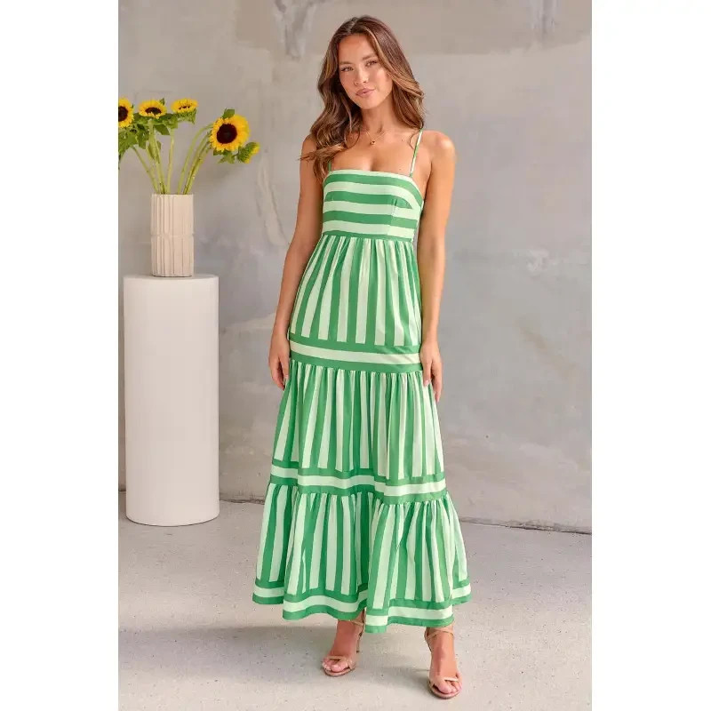 Vestido largo de verano con tirantes y estampado de rayas con bolsillos para vacaciones en la playa, ropa para mujer