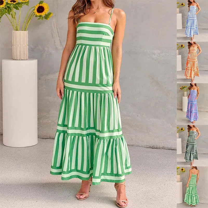 Vestido largo de verano con tirantes y estampado de rayas con bolsillos para vacaciones en la playa, ropa para mujer