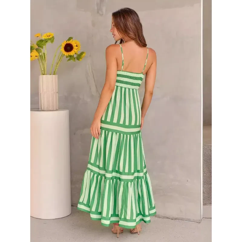 Vestido largo de verano con tirantes y estampado de rayas con bolsillos para vacaciones en la playa, ropa para mujer