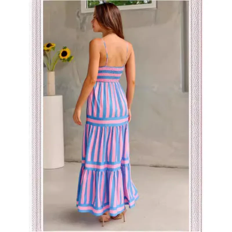 Vestido largo de verano con tirantes y estampado de rayas con bolsillos para vacaciones en la playa, ropa para mujer