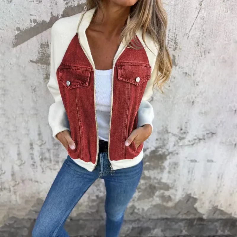 Chaqueta vaquera de moda con parches y capucha, informal, con cremallera, para mujer