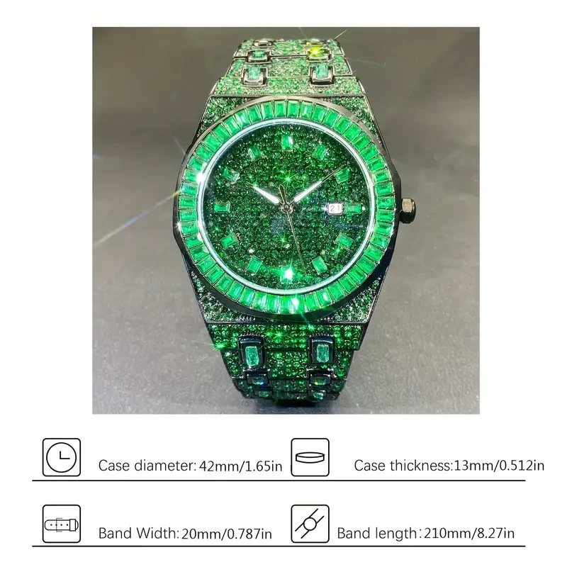 Reloj cuadrado único para hombre: vibrantes detalles de diamantes de imitación verdes y un diseño vanguardista inspirado en el hip hop.