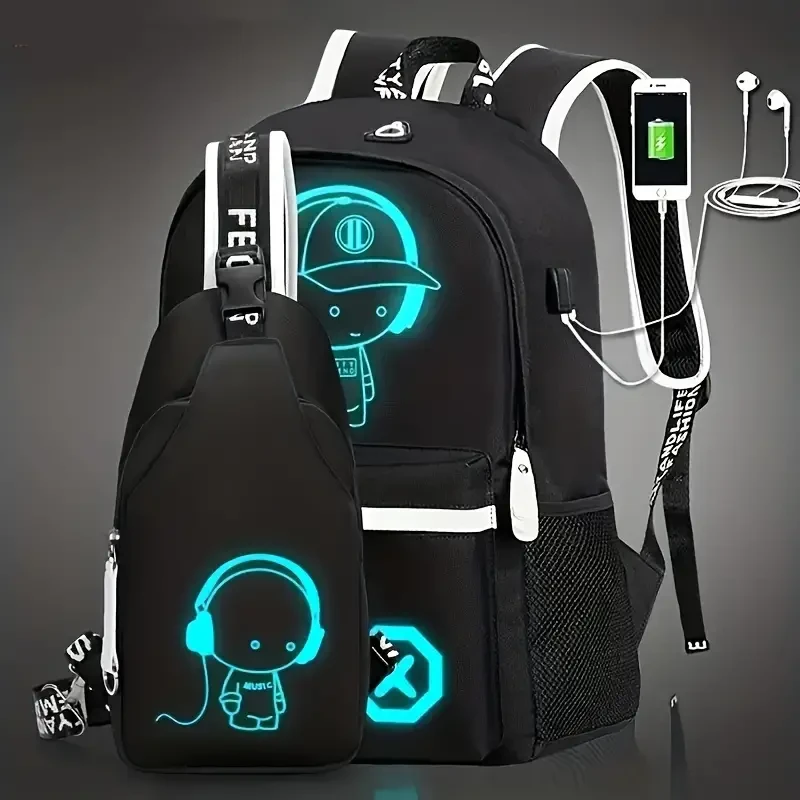 Conjunto de 2 piezas: mochila de viaje informal y elegante y bolso bandolera con dibujos animados