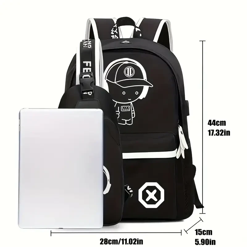 Conjunto de 2 piezas: mochila de viaje informal y elegante y bolso bandolera con dibujos animados
