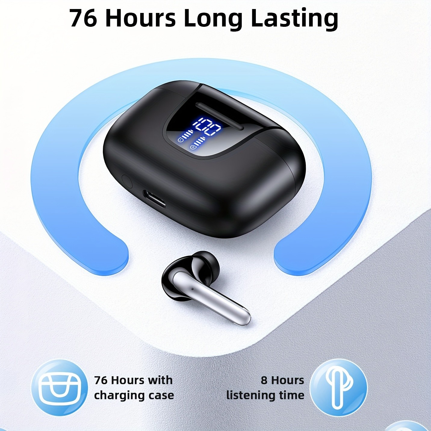 Auriculares inalámbricos Bluetooth 5.3 con bocina de 13 mm, larga duración de reproducción, estuche de carga rápida tipo C, auriculares estéreo internos para iPhone y Android, juegos, negocios, deportivos con micrófono.