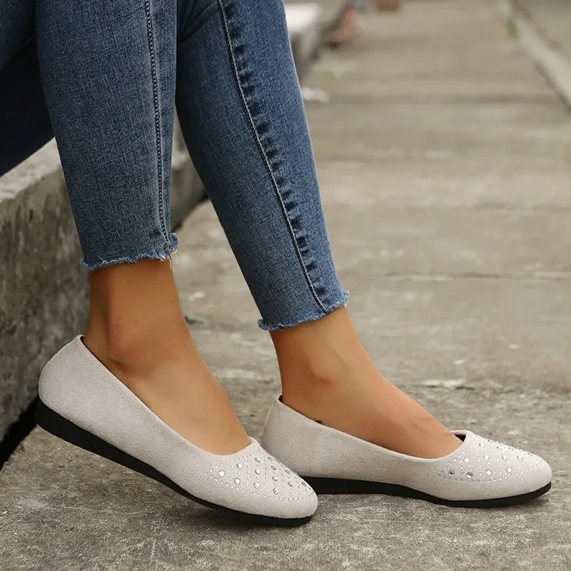 Zapatos planos de moda con diamantes de imitación, mocasines casuales de punta redonda para mujer