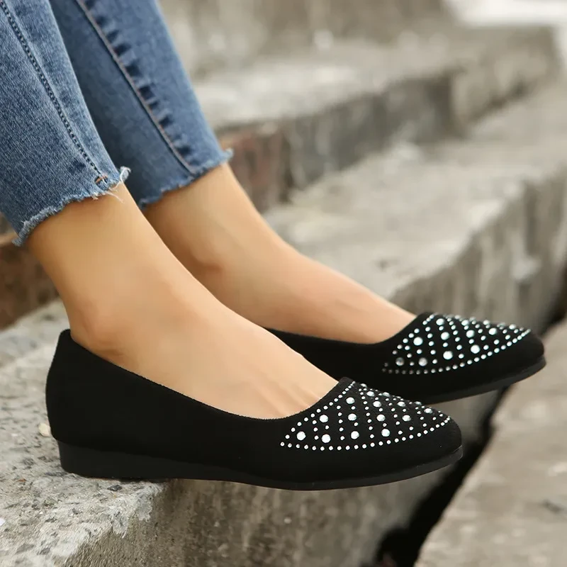Zapatos planos de moda con diamantes de imitación, mocasines casuales de punta redonda para mujer
