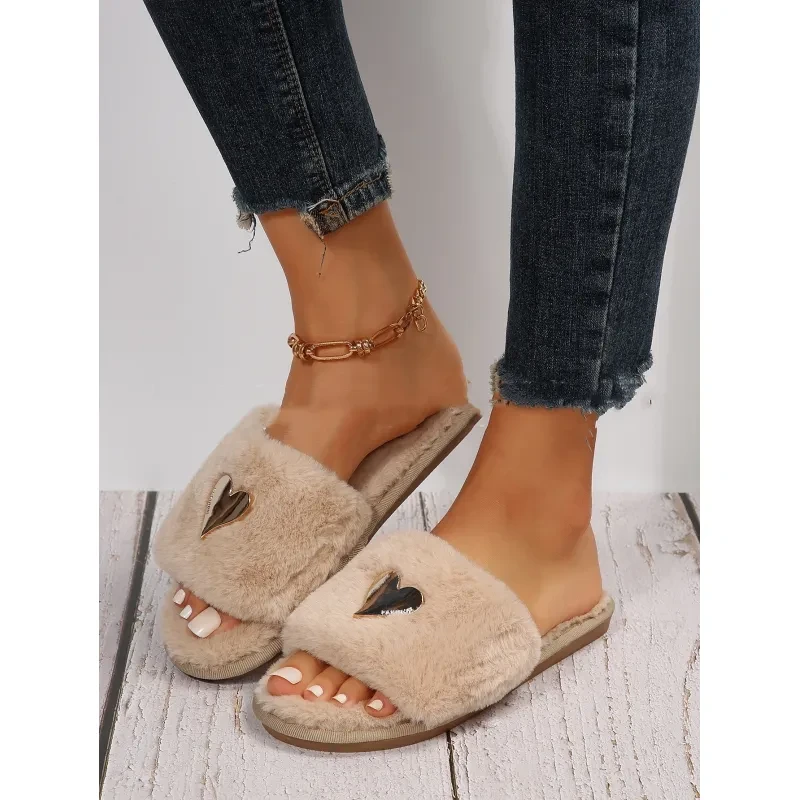 Pantuflas mullidas de piel para el hogar, pantuflas peludas para mujer