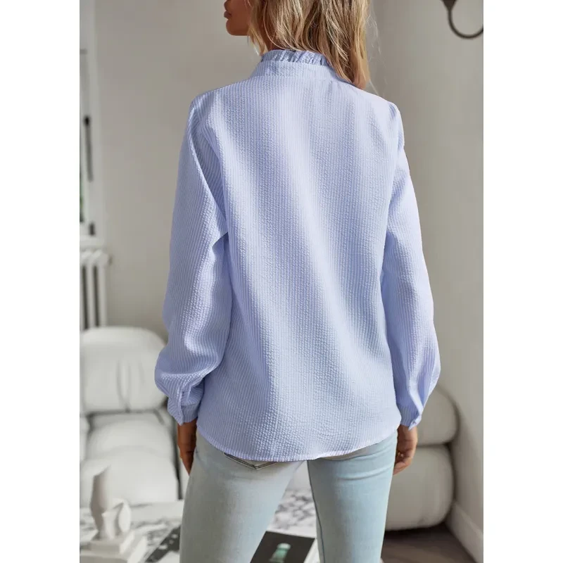 Camisa de manga larga a rayas, diseño con volantes, abotonada, informal, elegante, para oficina y desplazamientos diarios.