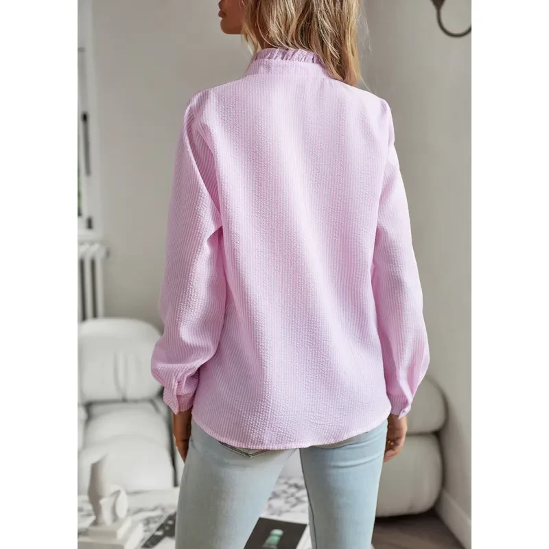 Camisa de manga larga a rayas, diseño con volantes, abotonada, informal, elegante, para oficina y desplazamientos diarios.