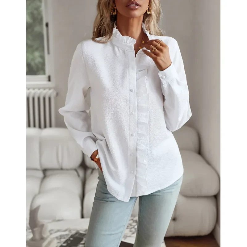 Camisa de manga larga a rayas, diseño con volantes, abotonada, informal, elegante, para oficina y desplazamientos diarios.