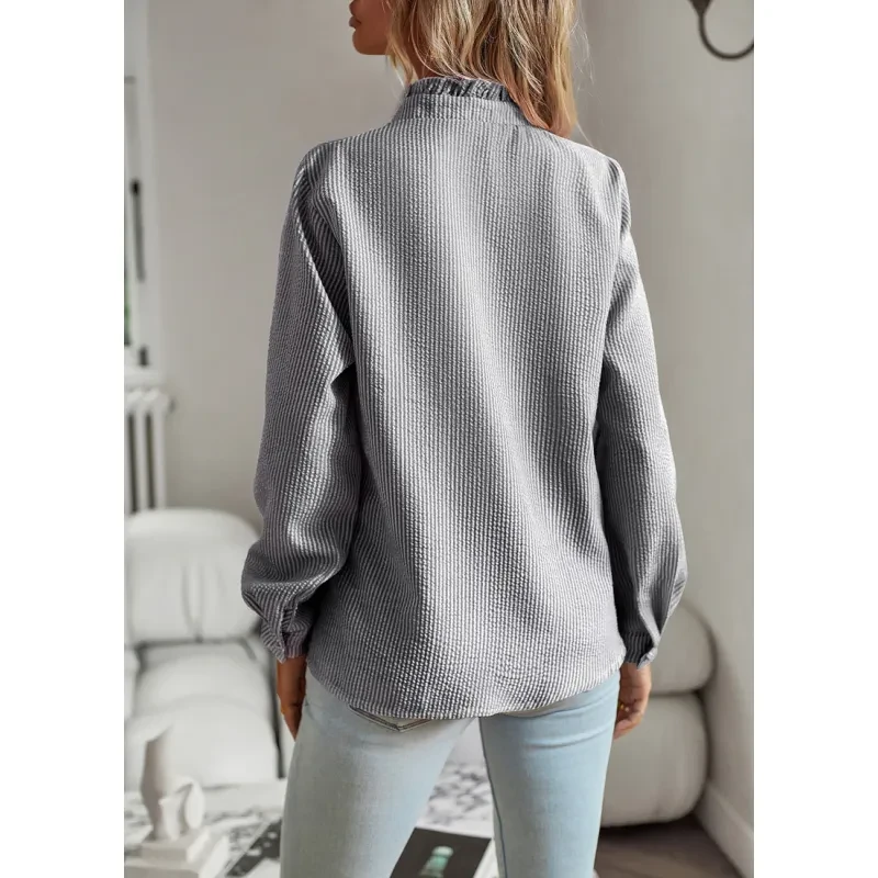 Camisa de manga larga a rayas, diseño con volantes, abotonada, informal, elegante, para oficina y desplazamientos diarios.