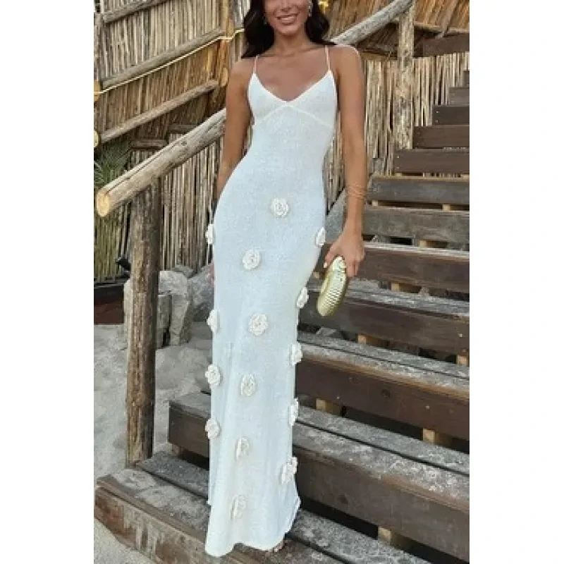 Vestido de mujer con tirantes, falda, flores tridimensionales, tejido, sin espalda y con cordones