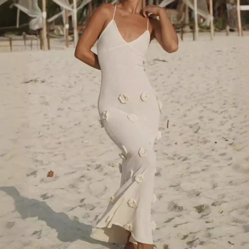 Vestido de mujer con tirantes, falda, flores tridimensionales, tejido, sin espalda y con cordones