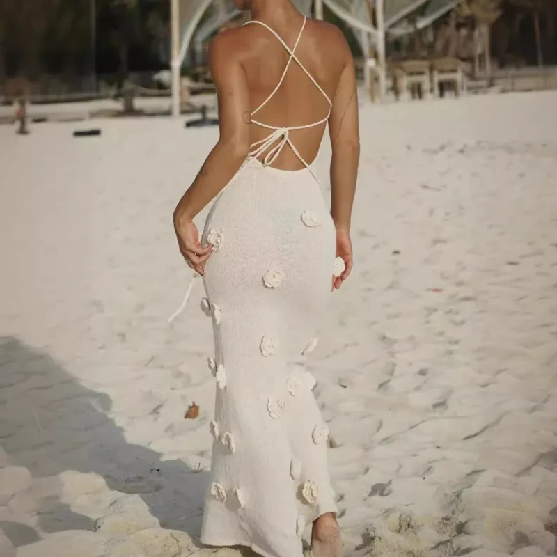 Vestido de mujer con tirantes, falda, flores tridimensionales, tejido, sin espalda y con cordones