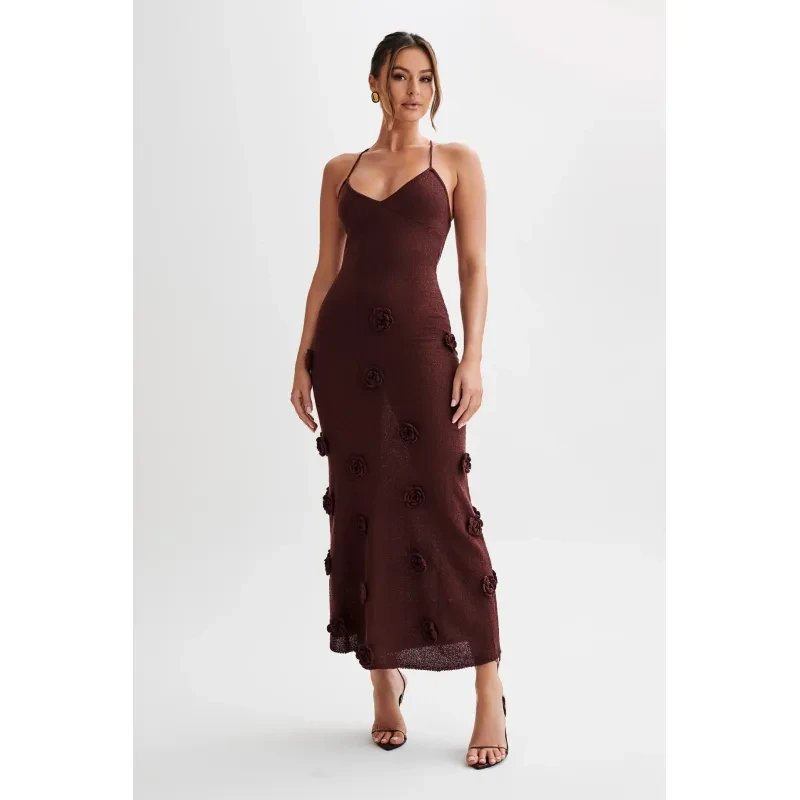 Vestido de mujer con tirantes, falda, flores tridimensionales, tejido, sin espalda y con cordones